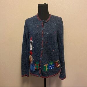 Erika Blue Knit with Red Trim Ugly Christmas Sweater Vintage Cat